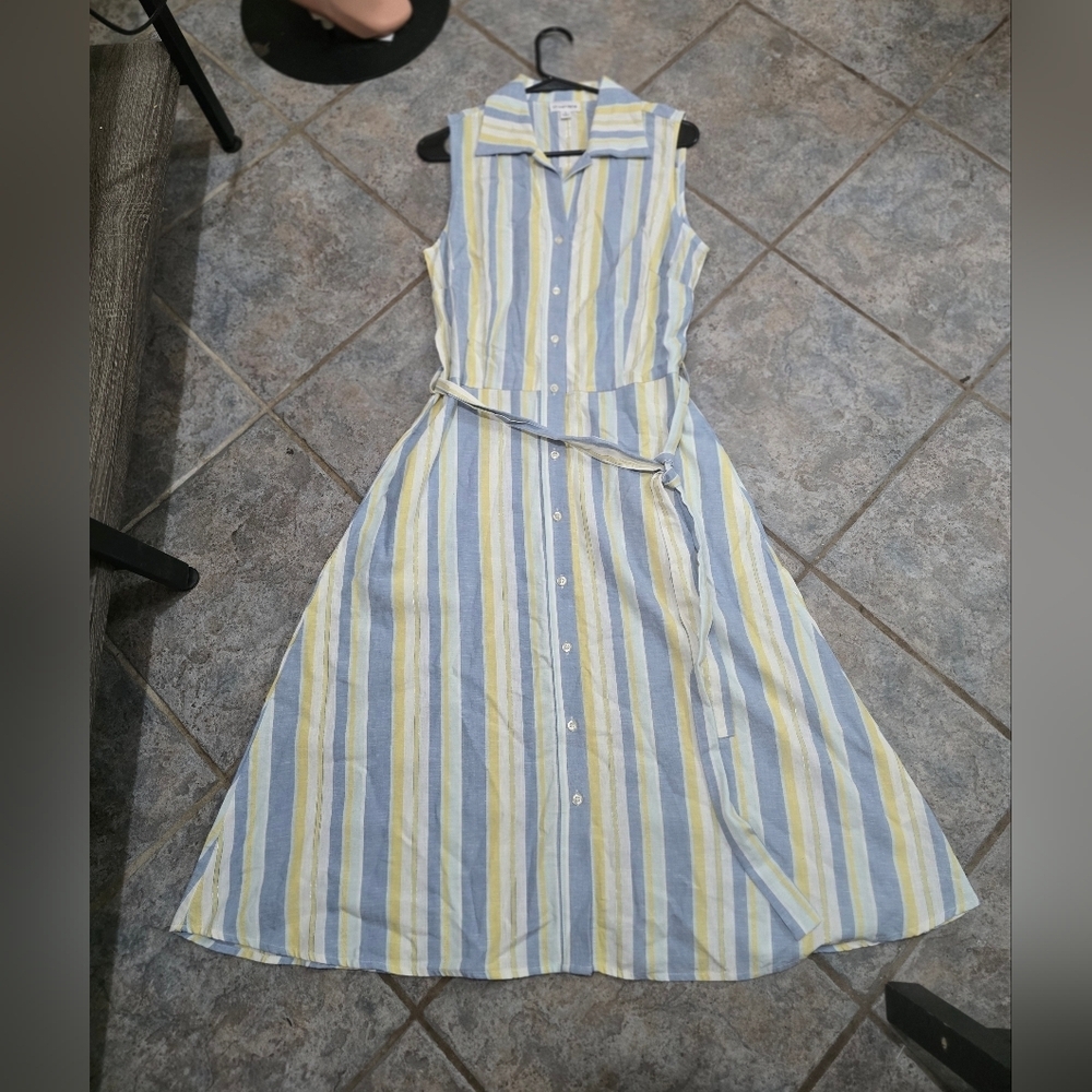 Sleeveless Button-Front Midi Dress in Blue and Yellow Stripe